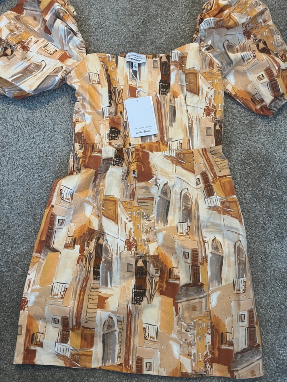 & Other Stories NEW Printed Puff-Sleeve Mini Dress in Beige and Brown